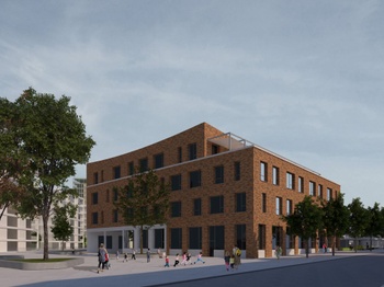 Simulatiebeeld van een basisschool in rode baksteen